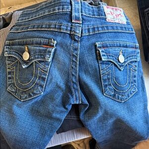 True Religion Women's Blue Boot Cut Jeans with Signature Stitching